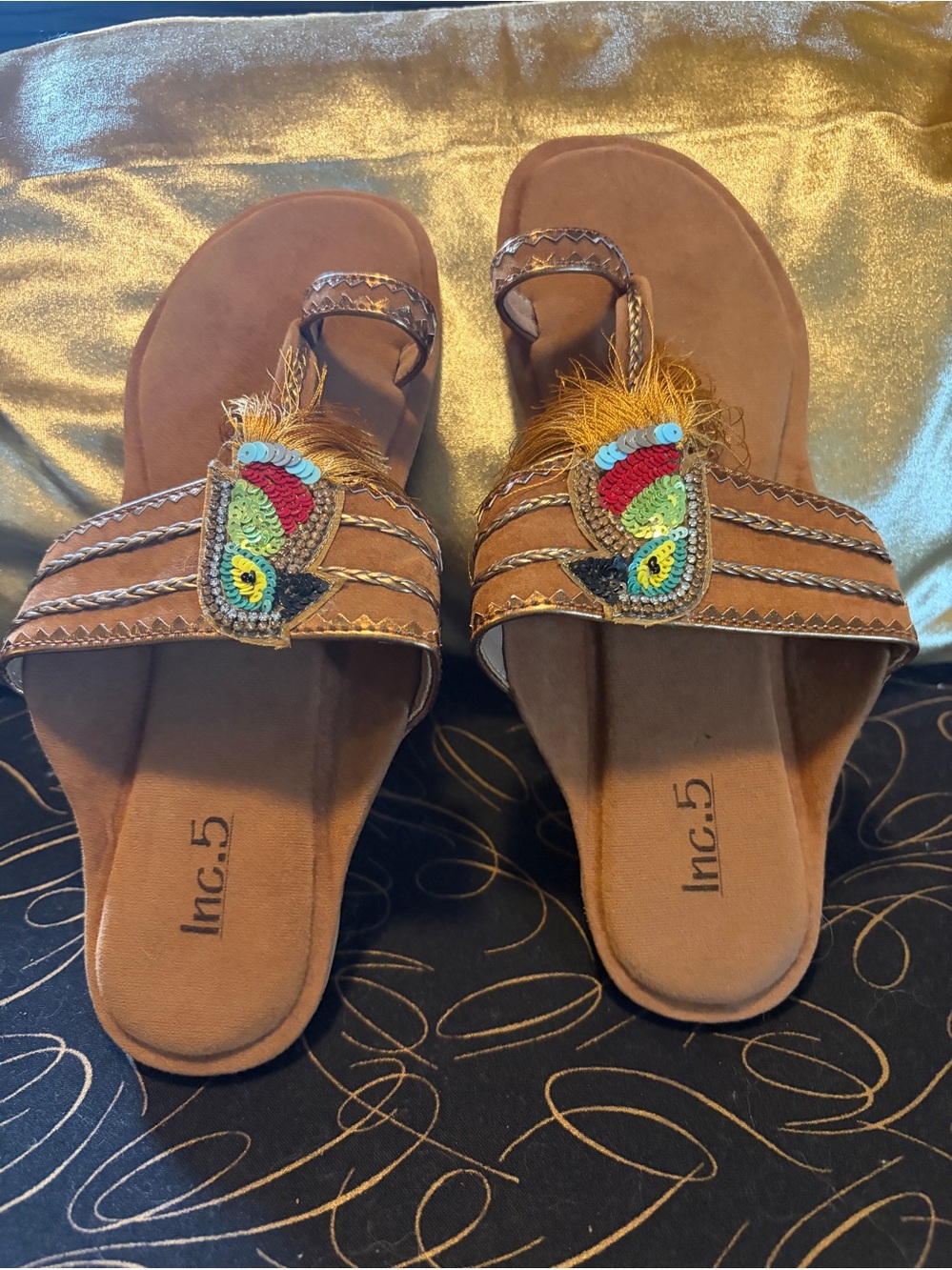 INC International Concepts Brown Beaded Feather Slide Sandals